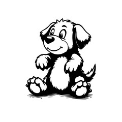 A charming cartoon canine illustration features an adorable black and white puppy sitting sweetly