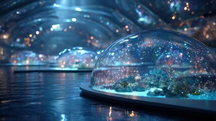 Lab-grown seafood forming in transparent holographic tanks
