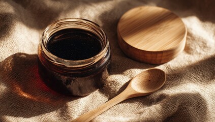 Dark viscous liquid in a glass jar, with a light-colored wooden lid and spoon, on a textured cloth