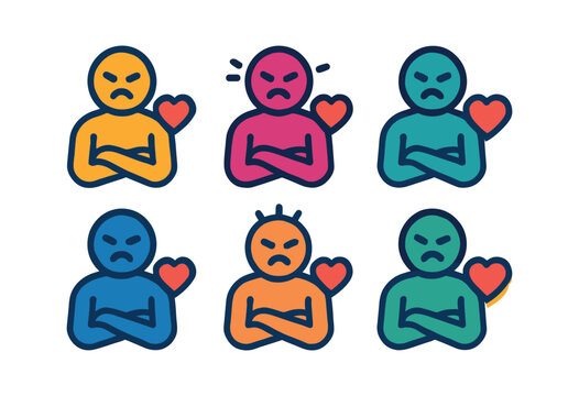 vector colorful filled icons jealousy in relationship (crossed arms): folded arms frown line heart outline tension lines shadow glow rim.