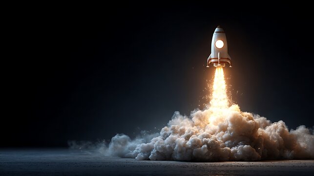 Creative light bulb rocket with blast and smoke takes off on a black background, succes concept.