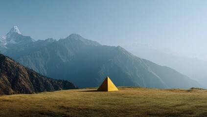 Sunny vista, a solitary yellow pyramid atop a high-altitude meadow, mountains in the background