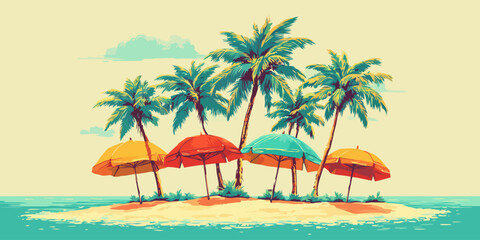 Vibrant illustration of a tropical island with palm trees and colorful beach umbrellas.
