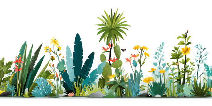 A stylized illustration of a vibrant tropical jungle border with exotic flowers, a palm tree, cacti, and insects.