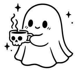 Sweet happy ghost holding a steaming skull shaped cup with blush on cheeks, surrounded by magical sparkles.
