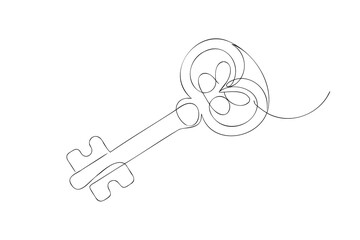 Single line drawing an antique key with ornate bow Continous line vintage lock
