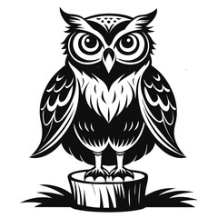 Stylized Black and White Owl Illustration Standing on a Tree Stump Drawing