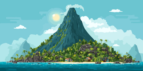 Sunlit tropical volcanic island with lush jungle, sandy beach, and coastal homes.