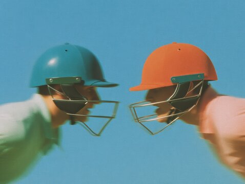 Professional Cricket Helmets Facing Off with Dynamic Energy Effects Modern High-Quality Sports Rivalry Concept for Marketing and Social Media Campaigns