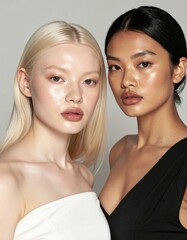 Two young women with diverse features pose closely, showcasing natural beauty and glowing skin in a minimalist setting.