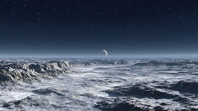 Detailed rocky or icy terrain of a distant planet or moon, with craters and ridges, under a starry sky.