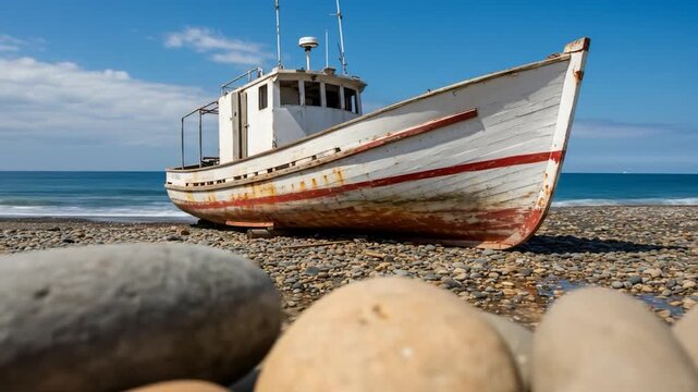 Boat on rocky beach under blue sky nautical vessel by the sea coastal scenery maritime theme
