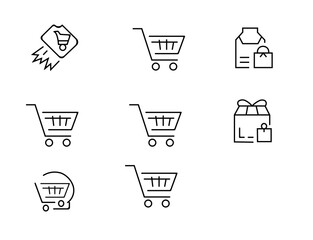 Collection of shopping cart icons isolated on white background, representing online commerce, retail, and ecommerce concepts for web design and applications
