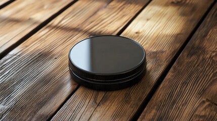 A black circular object with a reflective surface, placed on a wooden surface with a rustic texture. The background is a mix of dark