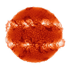 Detailed view of the suns surface showing intricate plasma loops and prominences, isolated on transparent background
