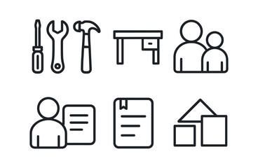 Fototapeta premium vector outline icons apprenticeship stage (workshop): tools bench mentor trainee notes materials.