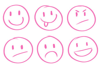 Collection of pink smiley, emojis, emoticons. Different emotions, Happy face, sad face, angry face frowny face for presentations, note-taking etc. 