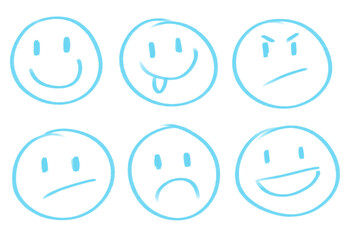Collection of pink smiley, emojis, emoticons. Different emotions, Happy face, sad face, angry face frowny face for presentations, note-taking etc. 