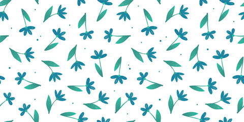 Hand drawn simple blue flowers with leaves on white background for nursery decor, textile prints, wallpapers, digital paper, wrapping paper, etc. EPS 10