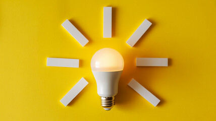 Bright idea concept with a glowing lightbulb radiating white rectangular elements on yellow