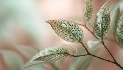Obraz premium Delicate, light green leaves with pale striations, soft muted colors, shallow depth of field