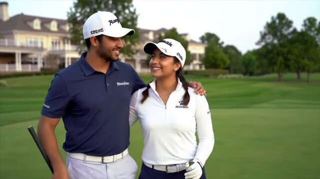 Happy couple posing for a souvenir photo at a beautiful golf course.