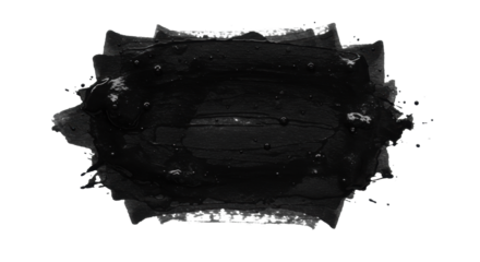 Expansive black ink splatter with distressed grunge texture, horizontal streaks on a transparent background, flat lay, negative space for text, concept of artistic disruption
