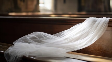 A white veil draped over a wooden pew in a church, with a blurred background and soft lighting.