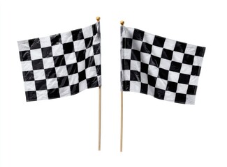 Fototapeta premium Two checkered racing flags, black and white squares, waving, on isolated white background
