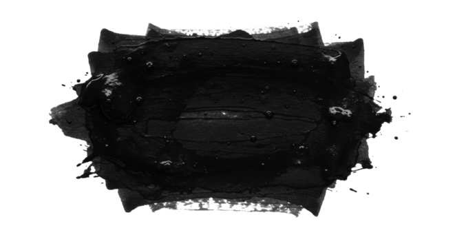 Expansive black ink splatter with distressed grunge texture, horizontal streaks on a transparent background, flat lay, negative space for text, concept of artistic disruption