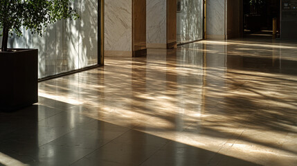 Fototapeta premium Sunlight casting tree shadows on marble floor in modern building lobby
