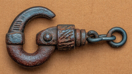 Old rusty crane hook with safety latch and chain link isolated on textured background
