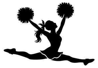 Cheerleader silhouette performing front split jump also known as jump split with legs stretched in horizontal split and arms raised diagonally holding pom poms, popular in American football, basketbal