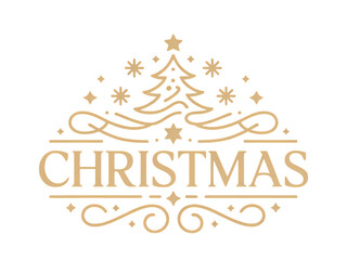 Merry christmas greeting card with golden font isolated on transparent background.