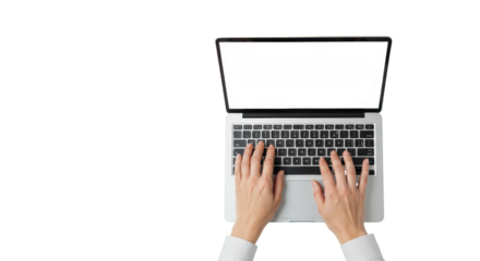 Clean, manicured gender-neutral hands typing on a sleek silver laptop with a transparent screen, flat lay on a light blue surface with soft studio light, concept of modern digital work and