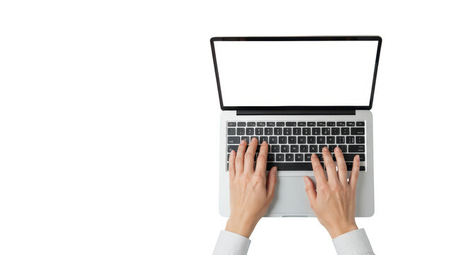 Clean, manicured gender-neutral hands typing on a sleek silver laptop with a transparent screen, flat lay on a light blue surface with soft studio light, concept of modern digital work and
