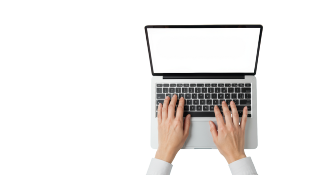 Clean, manicured gender-neutral hands typing on a sleek silver laptop with a transparent screen, flat lay on a light blue surface with soft studio light, concept of modern digital work and