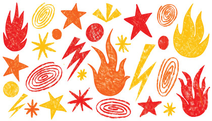 New hand drawn cartoon hot element. Flash lightning star pastel pattern. Punk rock vector background. Fire, thunder, star doodle icon. Flame, lightning bolt, star crayon pencil simple scribble set
