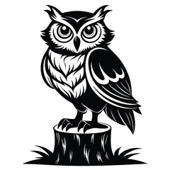 Striking Black and White Owl Graphic Perched on a Wood Stump Illustration