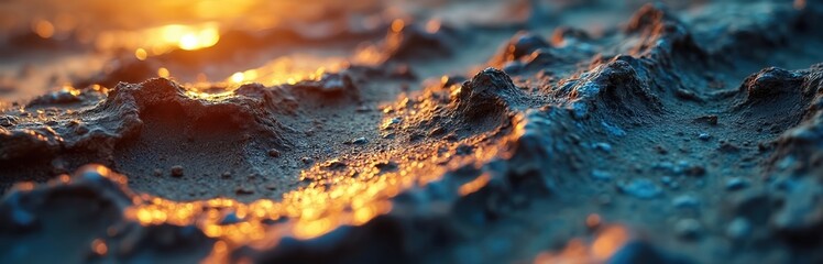 Close-up of metallic soil erosion showing geological weathered terrain patterns. Sunlight glints off the textured, dirtied surface, revealing deep natural formations and rocky details.