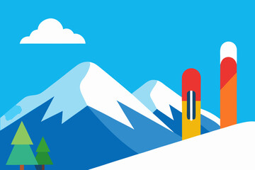 Fototapeta premium Stylized winter mountain landscape with ski poles