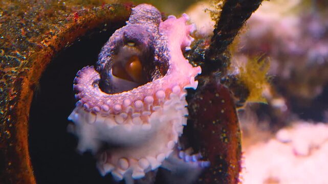 Close up of a small octopus moving on the sea ground beside vase underwater