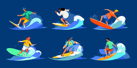 A vibrant, stylized collection of diverse male and female surfers riding ocean waves in colorful summer attire.
