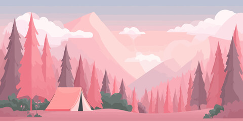 Peaceful camping tent in a stylized pink mountain forest landscape illustration.