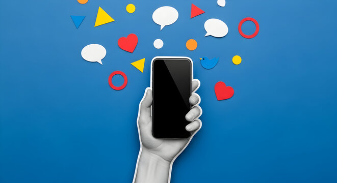 Hand holding a smartphone surrounded by colorful social media paper cutouts on a blue background