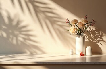 Fototapeta premium Modern empty beige concrete counter with palm leaf shadows. Sunlight creates tranquil atmosphere ideal for luxury organic skincare, beauty product displays. Features white vases, berries accenting