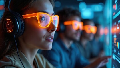 Team of marketers wearing VR glasses analyze data on futuristic screen. They explore buyer personas to optimize SEM campaigns, create content. Future of digital strategy and branding.