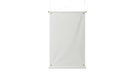 A pristine, blank rectangular white fabric banner with soft creases and golden grommets, suspended cleanly in a minimalist studio with negative space, concept of a versatile template