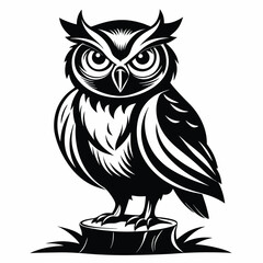 Stylized Silhouette Owl Perched on Tree Stump, Black and White Illustration, Vector Design
