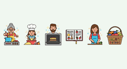 Fototapeta premium Illustration of family members cooking and preparing food with a recipe book and fruit basket